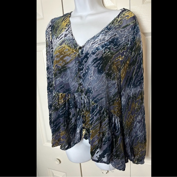 New SUNDANCE Velvet Riches Burnout Peplum Blouse Top Shirt Blue Green Silk Yello - Picture 3 of 12